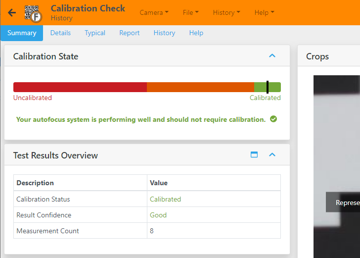 A FoCal screenshot showing the Calibration State indication from the Calibration Check function