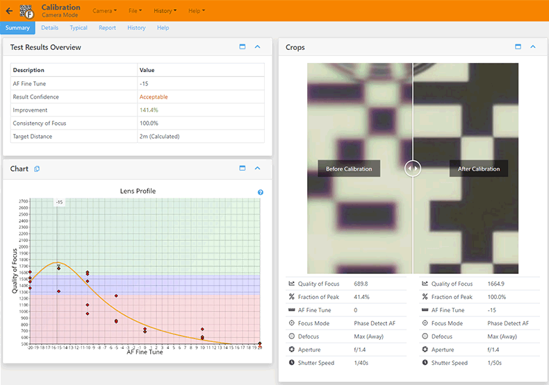 A screenshot showing automatic focus tuning in FoCal