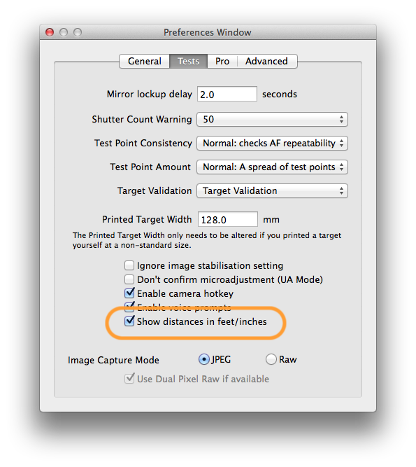 focus calibration feet and inches