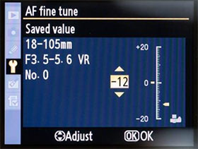 Nikon AF Fine Tune setting screen